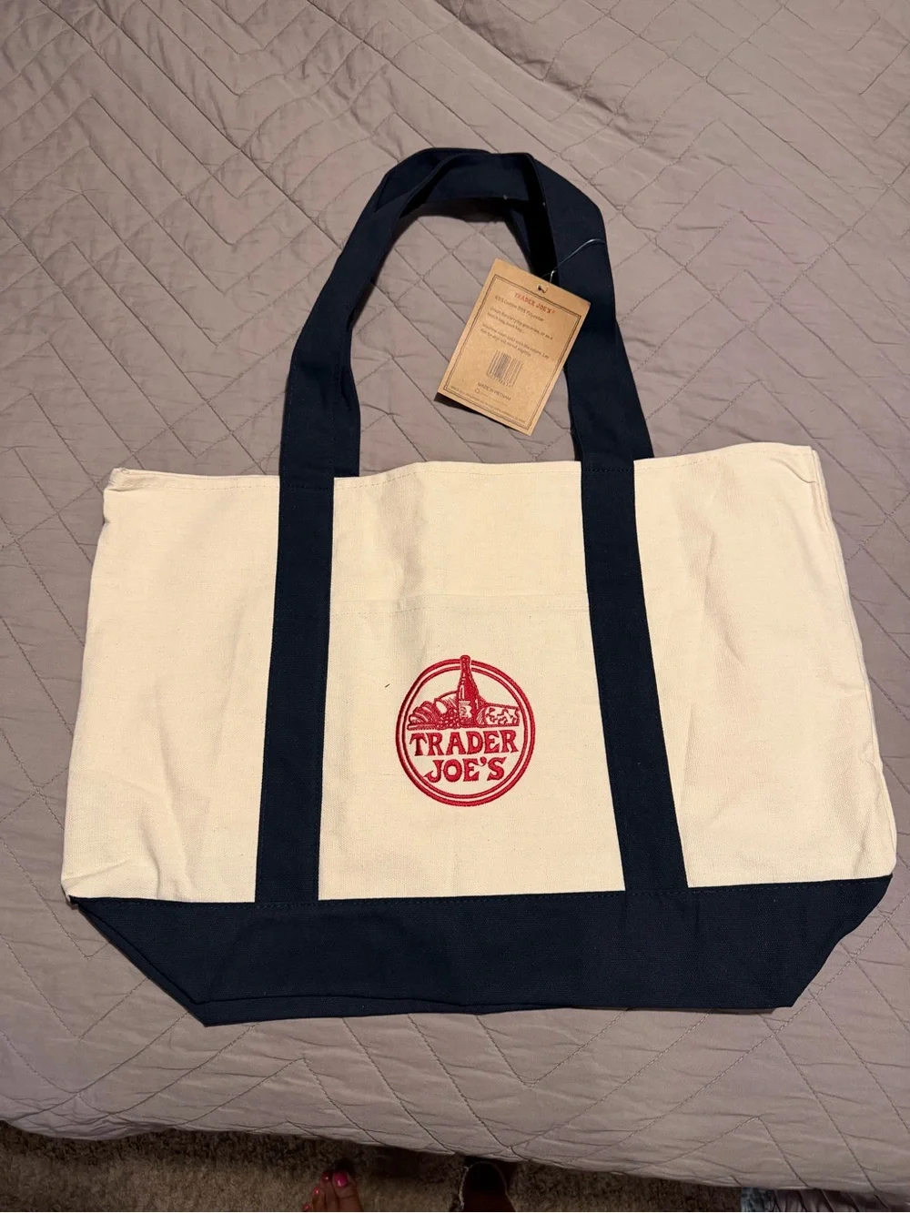 Trader Joe’s Canvas Tote Bag - Cream with Navy Trim